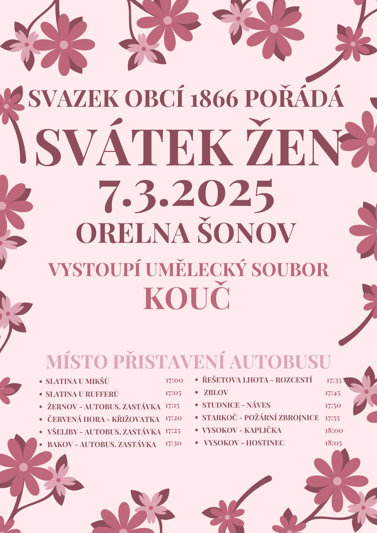 Vážení přátelé, ve čtvrtek přinášíme aktuality:  pozvánky na akce pořádané k MDŽ v šonovské Orelně  v pátek 7.3. od Dobrovolného svazku obcí 1866  v sobotu 8.3. od Kulturního výboru naší obce ZÁBAVNÝ VEČER PRO ŽENY  místním ženám jsou přístupné oba termíny 👉 pozvánky na zámek Nové Město nad Metují  informaci o prodeji drůbeže Přejeme pohodové a konečně slunečné dny. #obecprovodovsonov #aktuality