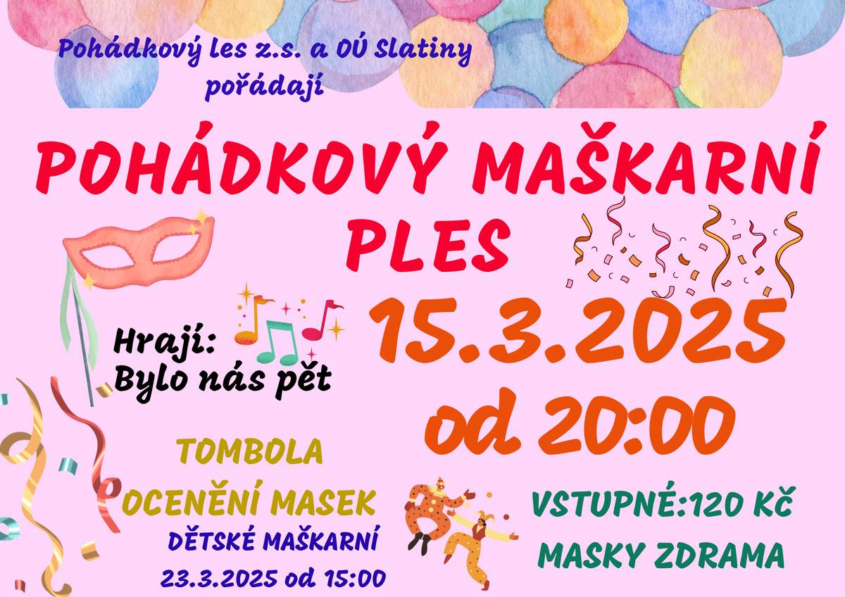 Maškarní ples - 15.3.2025 od 20hod v KD Slatiny