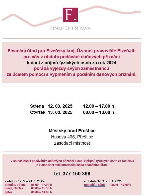 Finanční úřad pro Plzeňský kraj, Územní pracoviště Plzeň-jih pro vás v období podávání daňových přiznání k dani z příjmů fyzických osob za rok 2024 pořádá výjezd svých zaměstnanců za účelem pomoci s vyplněním a podáním daňových přiznání.