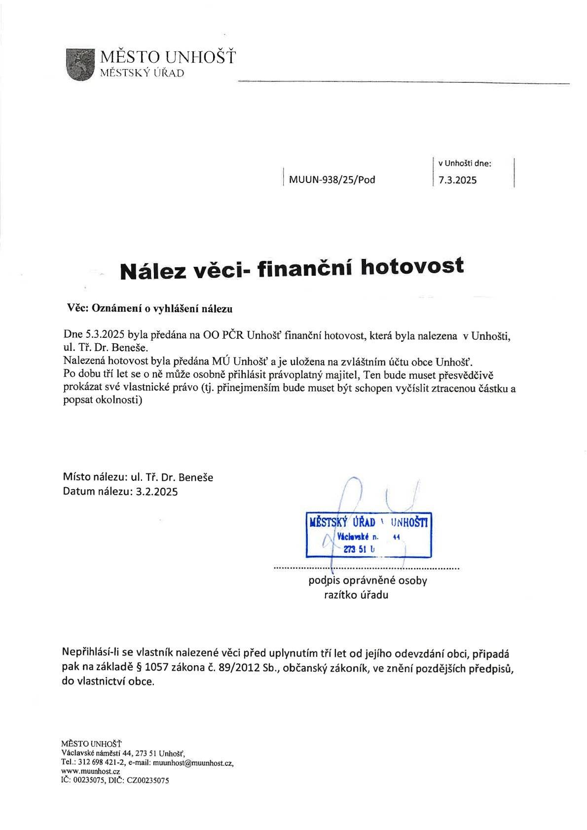 Nález finanční hotovosti