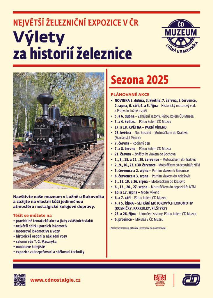 Přijďte na největší železniční expozici v ČR v Lužné u Rakovníka. Sezona 2025 nabídne pravidelné akce, jízdy historických vlaků a bohatou sbírku parních i motorových lokomotiv. Nenechte si ujít speciální akce jako Parní víkend nebo Rodinný den.