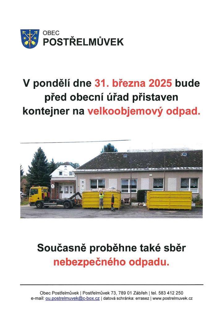 V pondělí dne 31. března 2025 proběhne sběr velkoobjemového a nebezpečného odpadu.