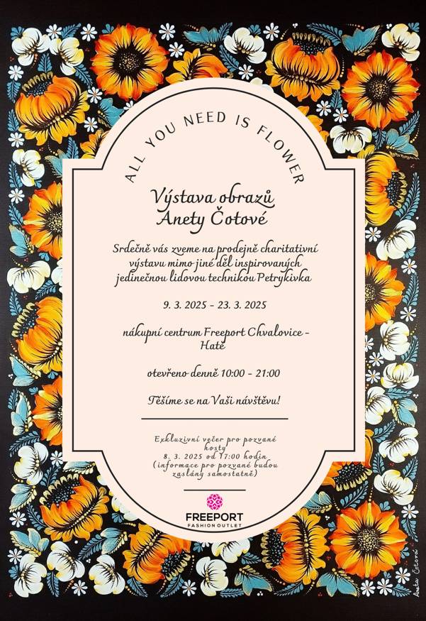 Již od této neděle (9.3.2025) můžete navštívit charitativní výstavu obrazů Anety Čotové v nákupním centru Freeport a to až do 23. března. Přijďte podpořit dobrou věc! Děkujeme.