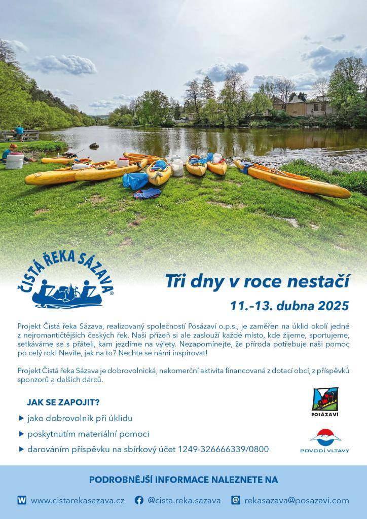 Od 11. do 13. dubna se opět uskuteční tradiční akce Čistá řeka Sázava zaměřená na jarní úklid naší řeky. Akci podporuje i naše obec. Zapojit se můžete jako dobrovolník, poskytnutím materiální pomoci nebo darem. Více informací v přiloženém letáku a na www.cistarekasazava.cz.