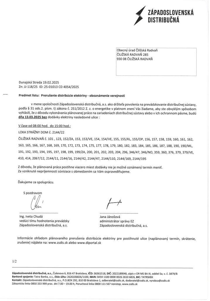 Plánované prerušenie distribúcie energie!