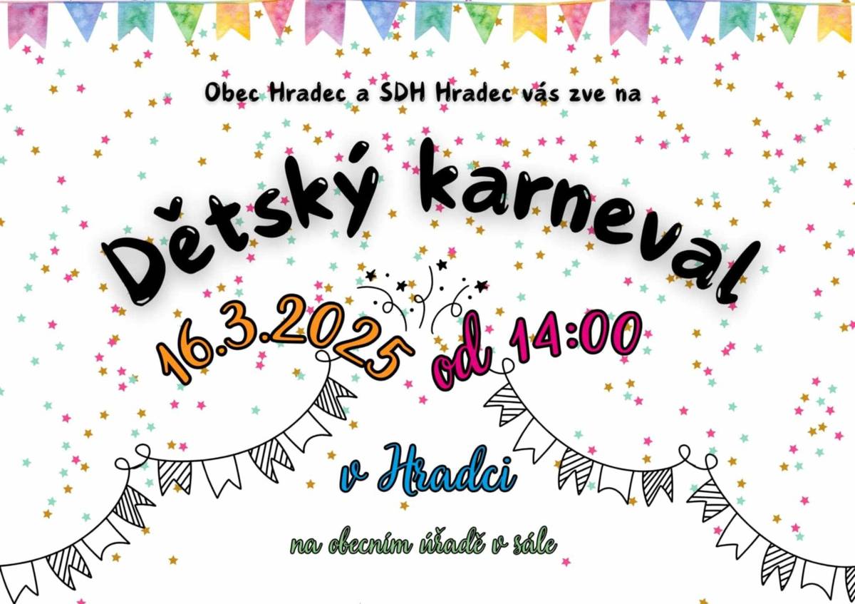 Zveme na dětský karneval 16.3.2025 od 14.00 hod.