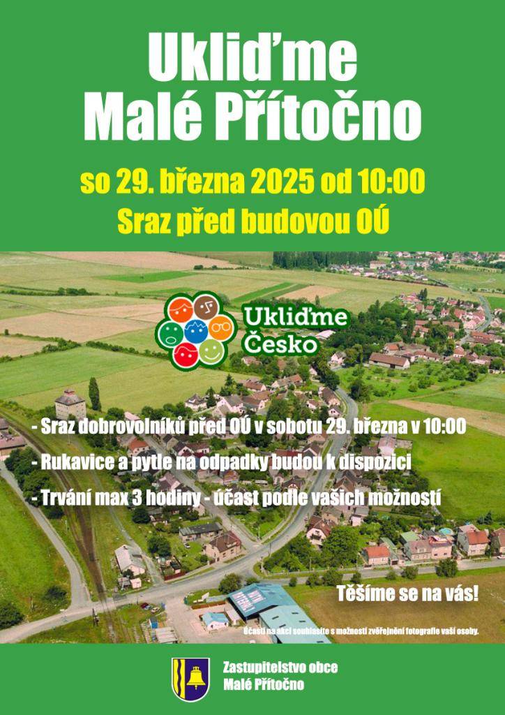 V rámci celorepublikové akce Ukliďme Česko uklidíme i Malé Přítočno. Sejdeme se v sobotu 29.03.2025. v 10:00 před OÚ.