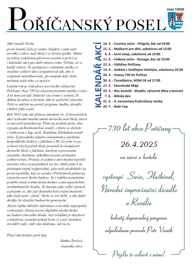 přinášíme vám letošní první číslo Posla