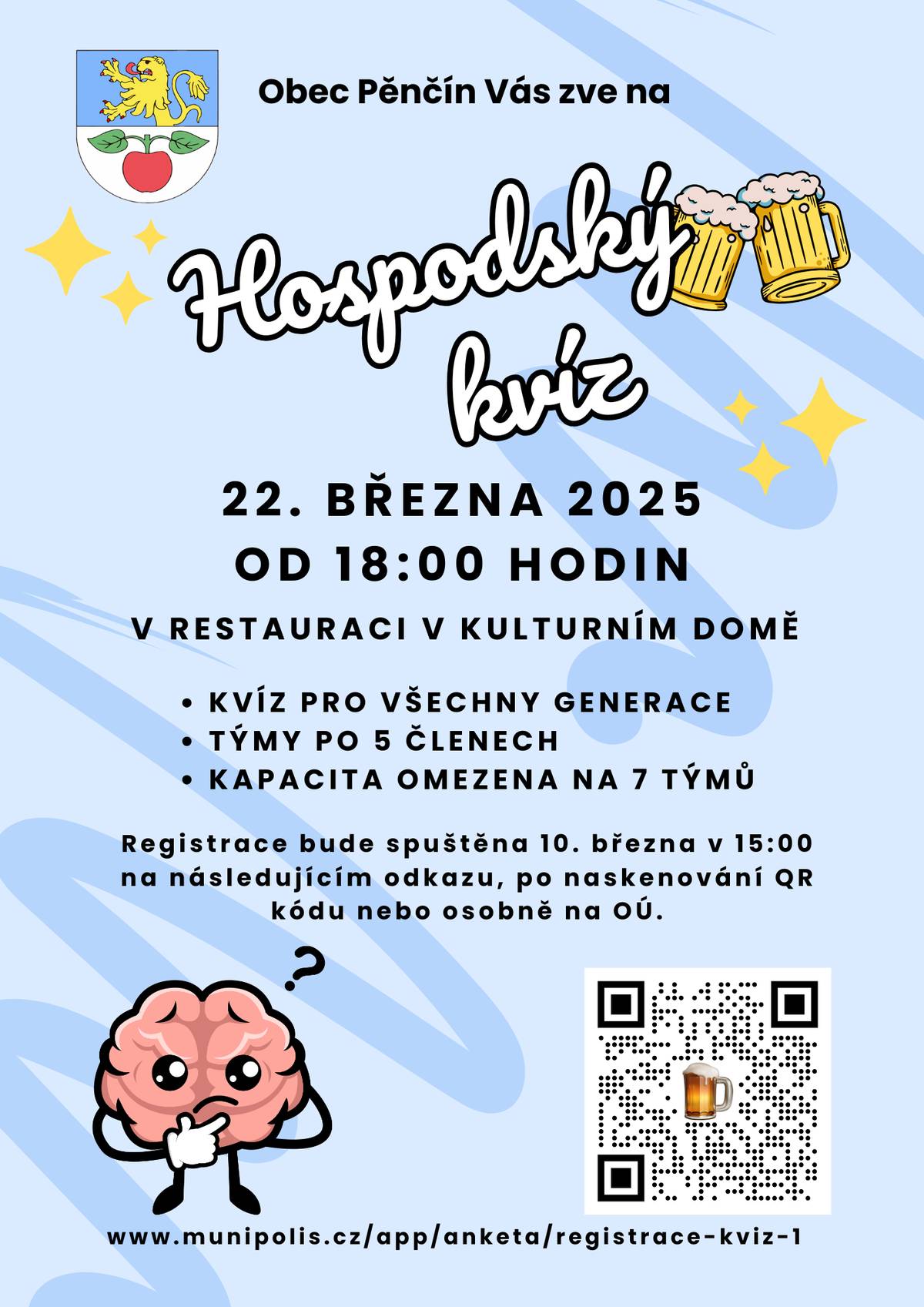 Na sobotu 22.3. od 18h chystáme 1. PĚNČÍNSKÝ HOSPODSKÝ KVÍZ🍺 v "zavřené hospodě" KD, kterou pro tento večer otevíráme. Neváhejte a přihlaste se📝! Registrace je dnes 10.3. od 15:00 spuštěna. Vašemu 5 člennému týmu pro registraci stačí vyplnit jeho název, kontaktní osobu a telefonní číslo, nebo e-mail. Kvíz je pro všechny věkové kategorie a 10 sad otázek bude ze všech různých oborů, činností a zájmů 😀. Přijďte si zasoutěžit, pobavit se a třeba se i něco nového dozvědět. Nejlepší tým bude oceněn🏆! ODKAZ NA REGISTRACI ZDE: https://www.munipolis.cz/app/anketa/registrace-kviz-1