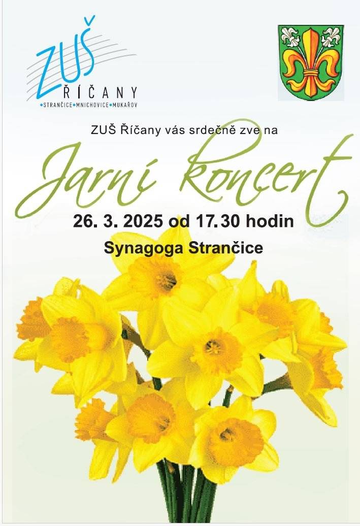 Vážení spoluobčané, srdečně Vás zveme na jarní koncert ZUŠ Říčany, který se bude konat dne 26. 3. 2025 od 17:30 ve strančické synagoze. Vystupovat budou především žácí, kteří navštěvují pobočku ZUŠ Říčany ve Strančicích. Těšíme se na Vás.  Váš obecní úřad
