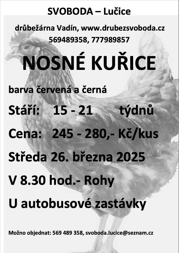 Firma Svoboda Lučice bude prodávat ve středu 26. března 2025 v 8.30 hodin u autobusové zastávky nosné kuřice, stáří 15 - 21 týdnů, cena 245 - 280,- Kč/kus. Objednání je možné na tel. 569 489 358 nebo emailem svoboda.lucice@seznam.cz
