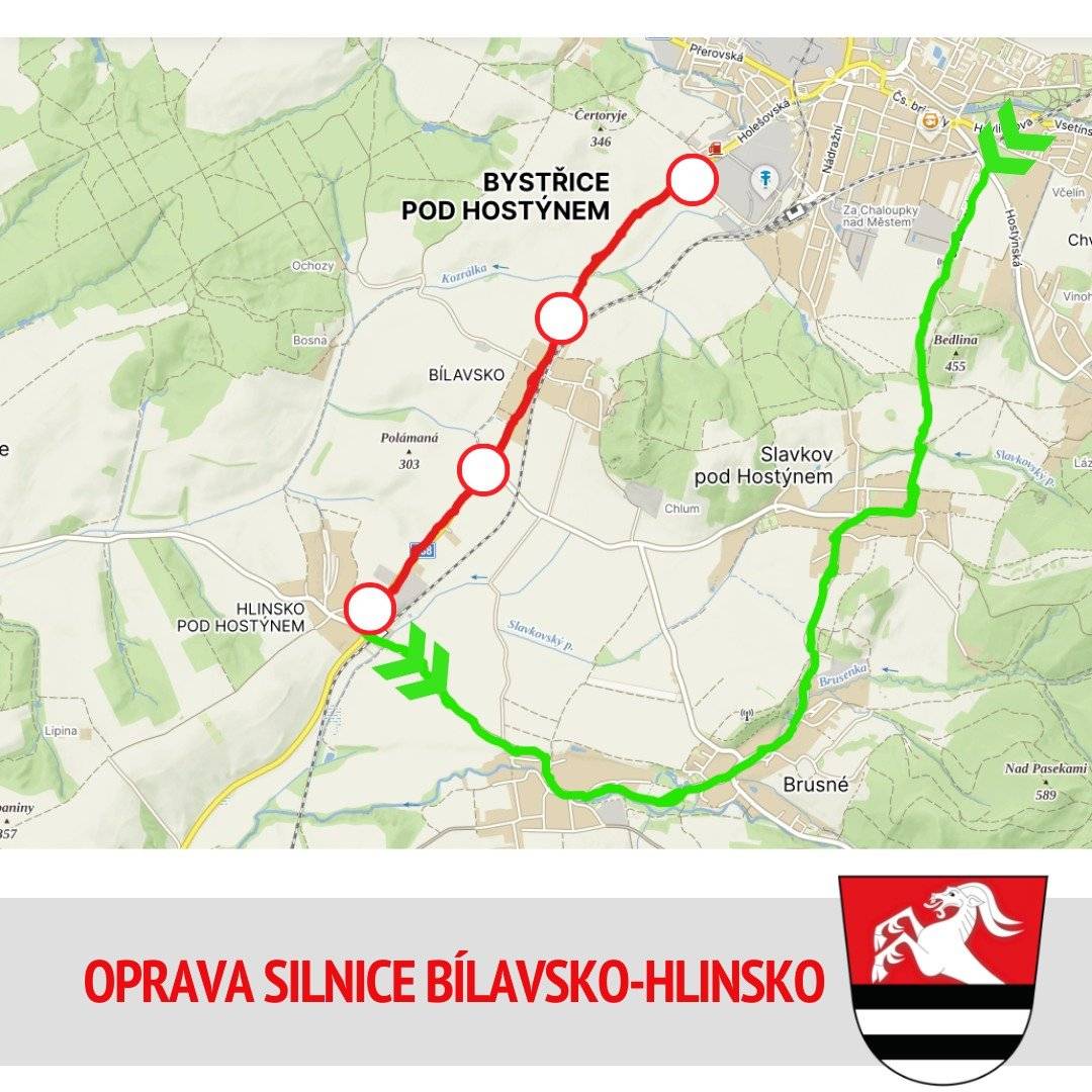V pondělí 17. března začínají přípravné práce na druhé etapě rekonstrukce silnice II/438 mezi Bystřicí pod Hostýnem a Hlinskem pod Hostýnem. Pracovat se bude na druhém úseku stavby mezi Bílavskem a Hlinskem. Blíží se uzavírky. Rekonstrukce silnice v šířce 4 m (2 m na každou stranu od osy) bude řešena obnovou živičných vrstev s navýšením o 10 cm. Na zbylé části vozovky a v místech rozšíření silnice bude provedena kompletní konstrukce vozovky, včetně sanace podloží. Silnice bude rozšířena. Nová šířka obrusné vrstvy vozovky dosáhne sedmi metrů + nezpevněné krajnice normové šířky. Směrové a výškové vedení silnice bude zachováno, mimo 360metrový úsek v místě kompletní přestavby stávajícího propustku. V tomto úseku dojde k navýšení nivelety přibližně o 1,5 m v místě nového mostu typu tubosider. Součástí stavby je úprava sjezdů k přilehlým nemovitostem a odvodnění silničního tělesa pomocí obnovených příkopů, vodorovné a svislé dopravní značení a další související stavební úpravy. Rozsáhlá rekonstrukce se ani letos bohužel neobejde bez uzavírek:    17. března – 21. dubna 2025: uzavírka silnice III/43815 Bílavsko – Slavkov pod Hostýnem, práce v křižovatce,   17. března – 30. listopadu 2025: uzavřena trasa Bystřice pod Hostýnem – Hlinsko pod Hostýnem pro automobily nad 7,5 tuny, s objízdnou trasou přes Vítonice, Opatovice, Hranice, Lipník, Přerov, Hulín, Holešov, 22. dubna – 30. listopadu 2025: úplná uzavírka trasy Bystřice pod Hostýnem – Hlinsko pod Hostýnem pro vozidla do 3,5 tuny, s objízdnou trasou Slavkov pod Hostýnem, Brusné, Chomýž, Hlinsko pod Hostýnem.    Autobusy na trase Bystřice pod Hostýnem – Holešov a vozidla IZS pojedou přímo do Bílavska, po provizorní panelové vozovce na křižovatku pod Chlum a dále na Brusné, Chomýž a Hlinsko pod Hostýnem. Od 22. do 30. dubna 2025 proběhne pokládka finální vrstvy v úseku Bystřice pod Hostýnem – Bílavsko, dokončovací práce na místě potrvají do května. Město čeká na informace od dodavatele stavby ohledně omezení provozu na křižovatce v Hlinsku pod Hostýnem. Všechny uzavírky a jejich harmonogram podléhají rozhodnutí dodavatele stavby a mohou se během ní změnit. Město se omlouvá za dočasná omezení, která kvůli nezbytným opravám komunikace vzniknou, a děkuje všem řidičům i cestujícím za pochopení. Rekonstrukce úseku silnice II/438 v celkové délce 3,4 km mezi Bystřicí pod Hostýnem a její místní částí Hlinsko pod Hostýnem je velkou silniční stavbou Zlínského kraje a potrvá až do roku 2026. Náklady přesáhnou podle uzavřené smlouvy o dílo 235 milionů korun.