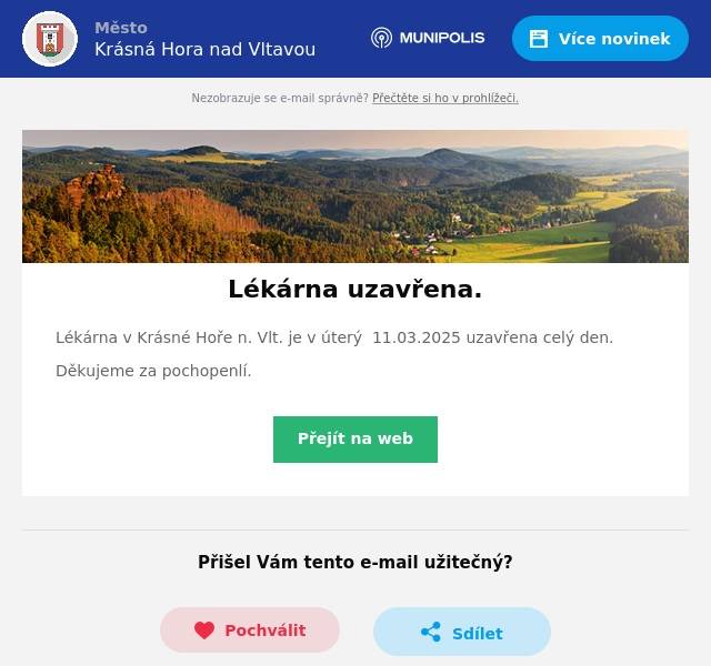 Lékárna v Krásné Hoře n. Vlt. je v úterý  11.03.2025 uzavřena celý den. Děkujeme za pochopenlí.