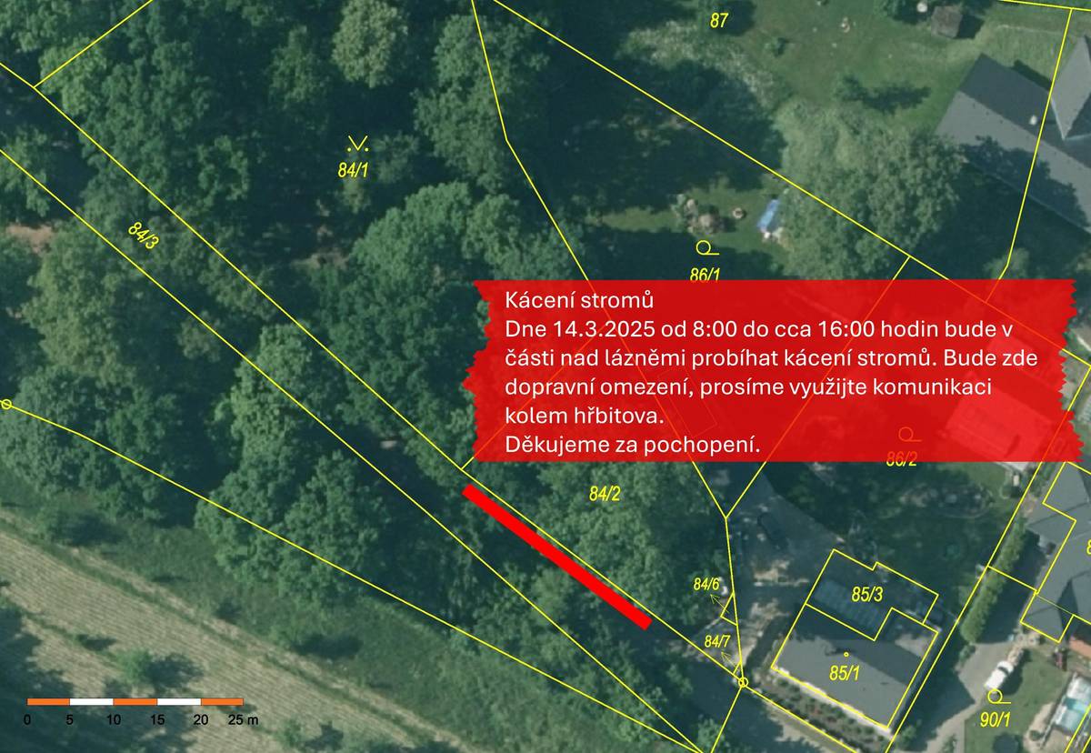 Vážení občané, dne 14.3.2025 od 8:00 do cca 16:00 hodin bude v části nad lázněmi probíhat kácení stromů, které jsou v blízkosti komunikace. Bude zde dopravní omezení, prosíme využijte komunikaci kolem hřbitova.Děkujeme za pochopení a omlouváme se za dopravní omezení.
