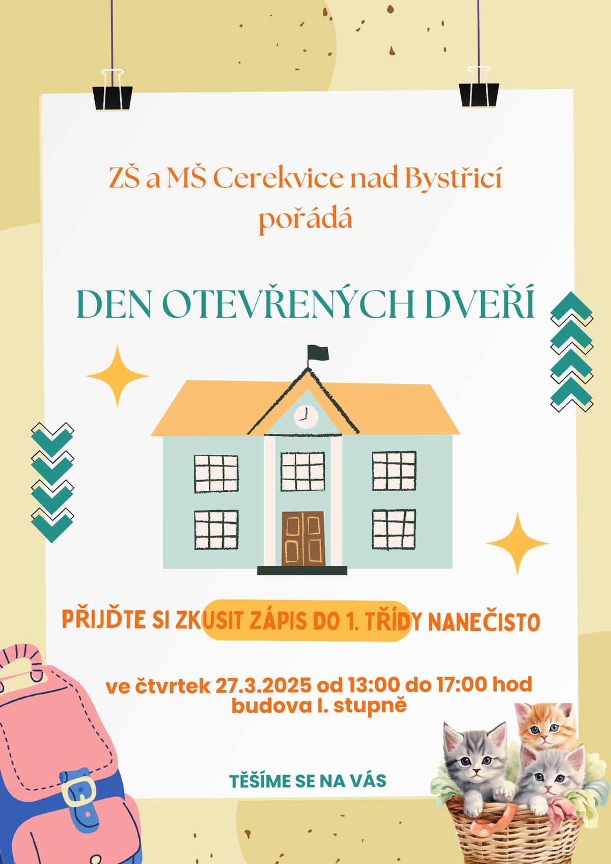 ZŠ a MŠ Cerekvice nad Bystřicí vás zve na Den otevřených dveří a k Zápisu do první třídy.