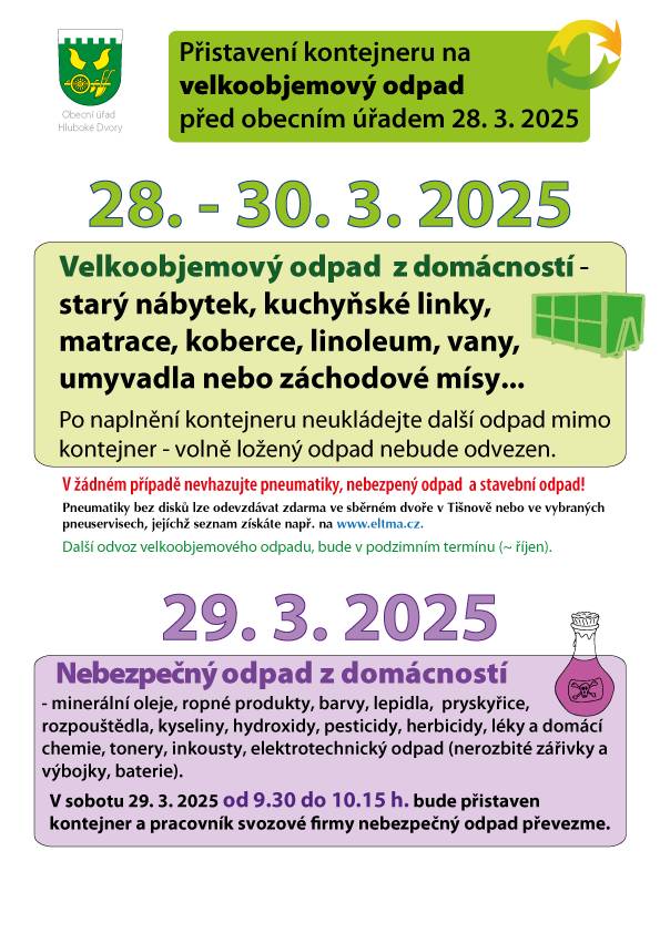 Oznamujeme, že v pátek 28.  3. - neděle 30. 3. bude přistaven u obecního úřadu kontejner na velkoobjemový odpad od občanů. V sobotu 29. 3. v 9.30-10.15 přijede mobilní svoz nebezpečného odpadu.