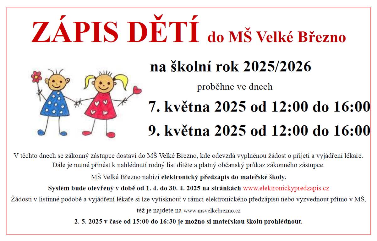 Zápis dětí do MŠ Velké Březno na školní rok 2025/2026.