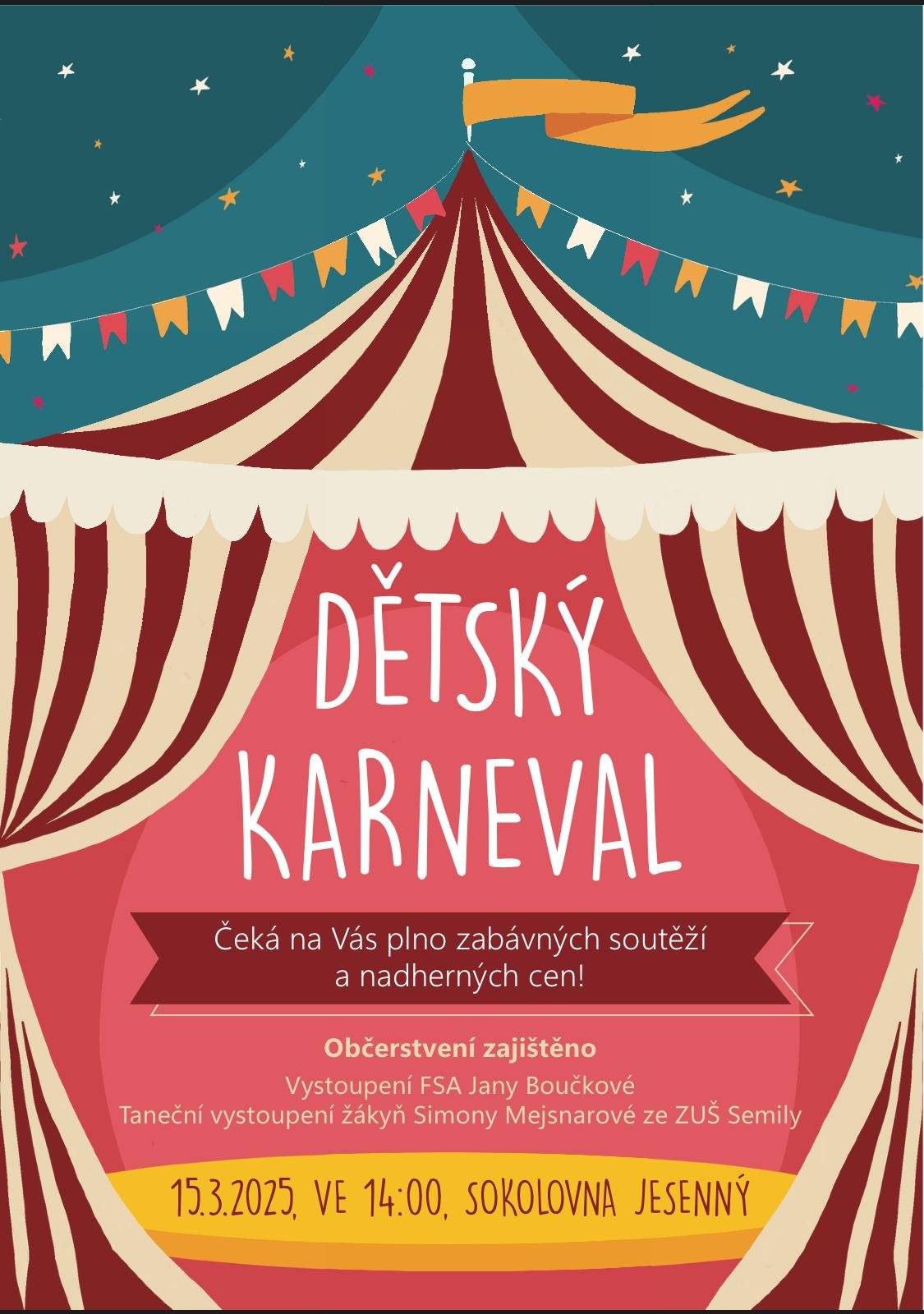 Dětský karneval v sokolovně v Jesenném - v sobotu 15.3.2025 od 14.00