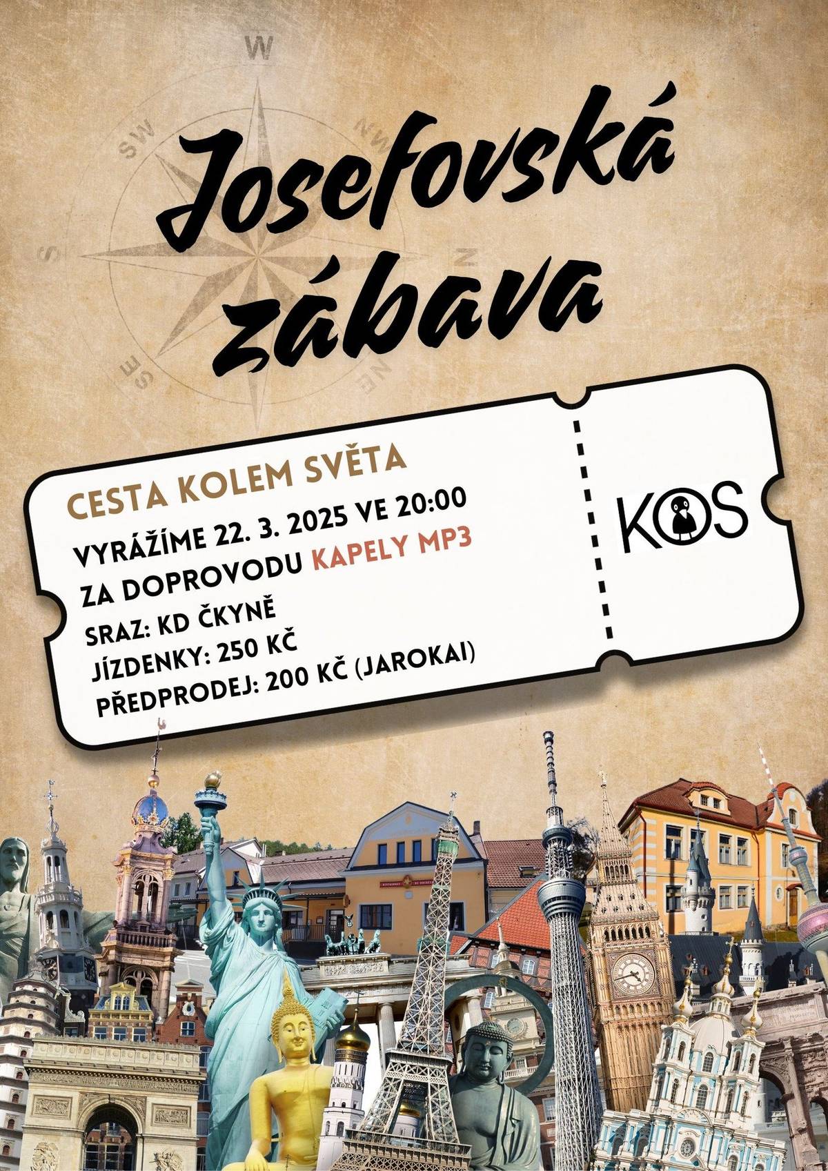 Josefovská zábava 2025 se koná dne 22.03.2025 od 20:00 v KD Čkyni. Hraje již tradičně MP3. Téma pro rok 2025 je Cesta kolem světa.