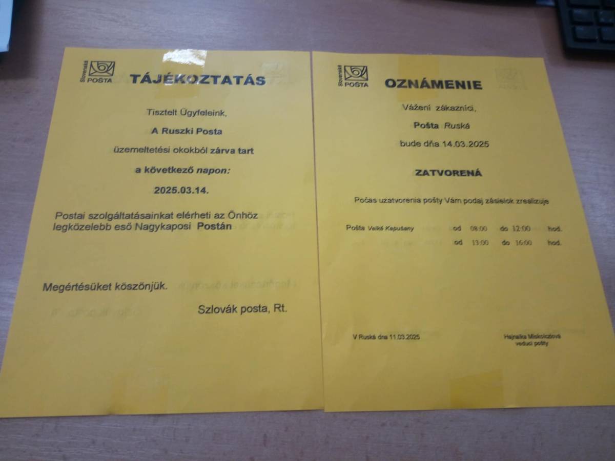 A Dobóruszkai postahivatal értesíti a tisztelt polgárokat, hogy 2025. március 14-én ( pénteken ) a postahivatal zárva lesz !!!   Megértésüket köszonjük !!!   Pošta Ruská, oznamuje občanom, že dňa 14.03.2025 ( v piatok ) bude pošta zatvorená !!!   Za pochopenie Ďakujeme !