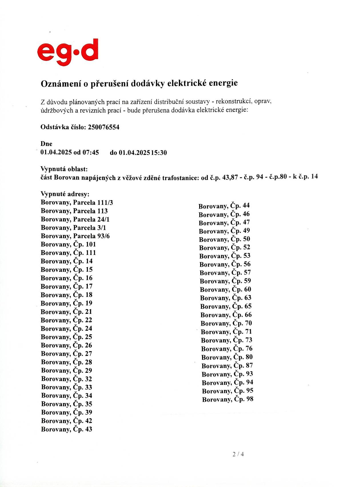 Přerušení dodávky elektrické energie
