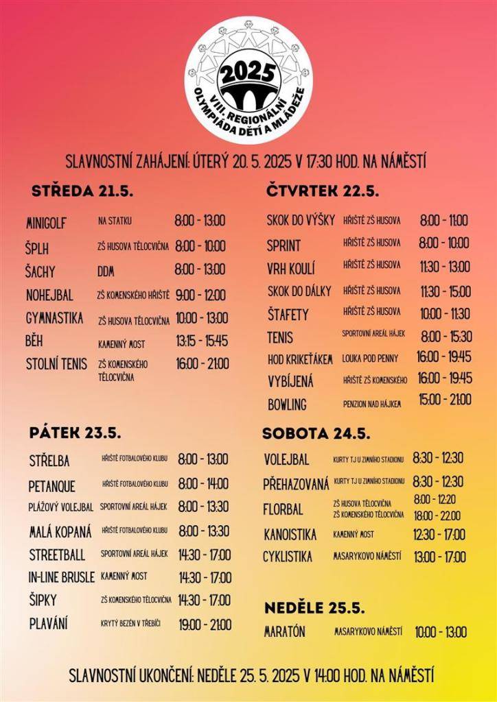 Informujeme všechny žáky od 4. tříd ZŠ a studenty středních škol + mladé lidi do 21. let, že do 3. dubna se odevzdávají přihlášky na Regionální olympiádu dětí a mládeže, jenž se koná od 20. do 25. května 2025.
