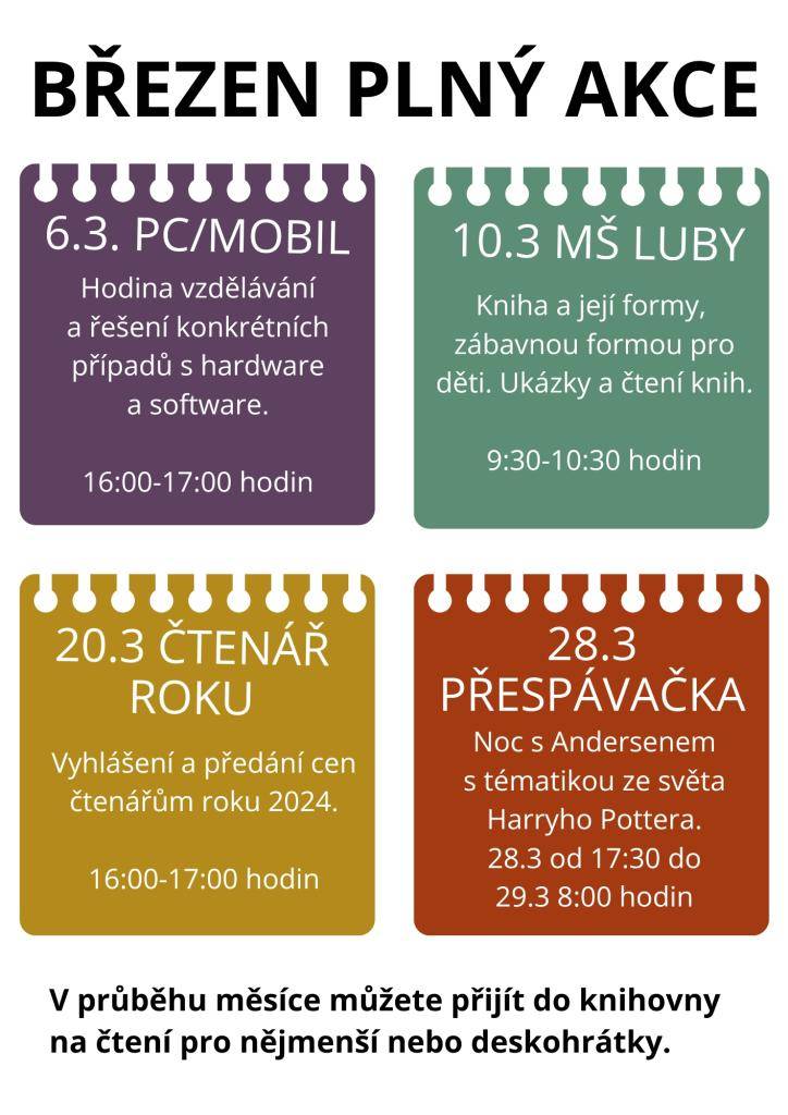 1.Rozpis akcí Březen 2025  2.VOUCHER na eknihu a audioknihu zdarma na portálu palmknihy.cz  3.Pozvánka na Noc s Andersenem