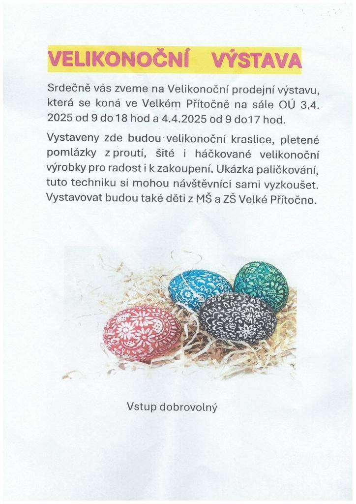která se koná 3.4. a 4.4. ve Velkém Přítočně na sále OÚ.