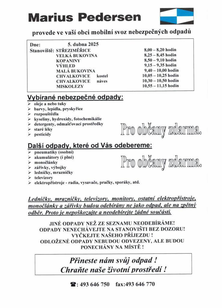 Mobilní svoz nebezpečných odpadů dne 5.4.2025