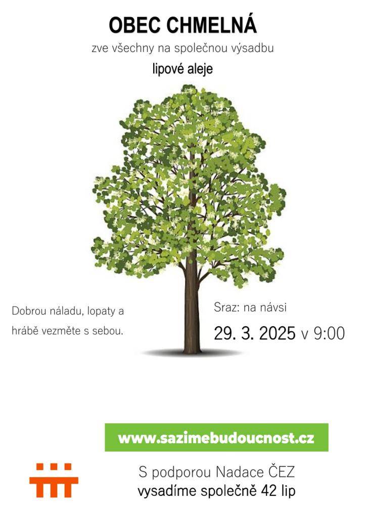 Zveme všechny na výsadbu lipové aleje, která se uskuteční v sobotu 29. března 2025 od 9:00 hodin. Přijďte podpořit prospěšnou iniciativu a pomozte nám zpříjemnit okolí cesty na Borovnici. Akce je otevřena pro širokou veřejnost a vítáni jsou všichni, kdo chtějí přispět k obnově přírody.