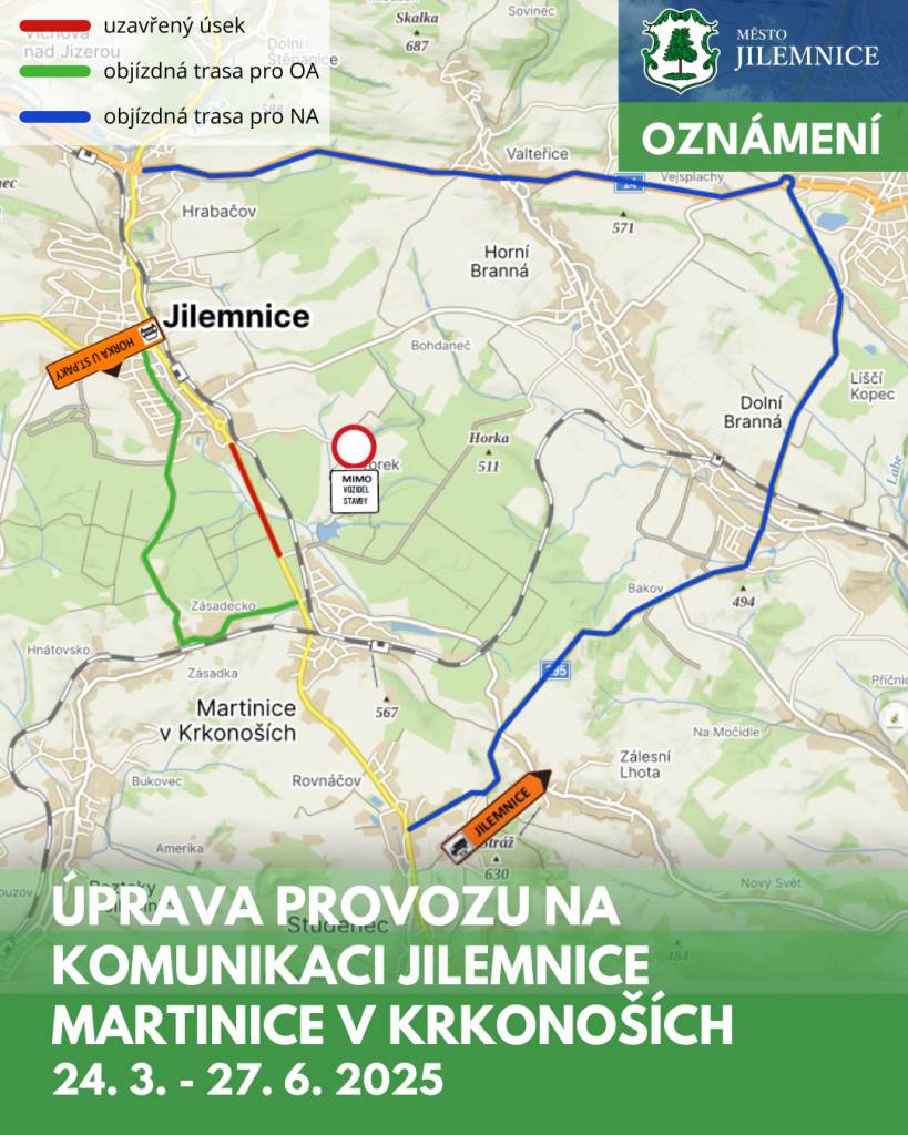 V souvislosti s výstavbou cyklostezky na trase Jilemnice - Martinice v Krkonoších dochází k omezení provozu na části silnice č. II/293.