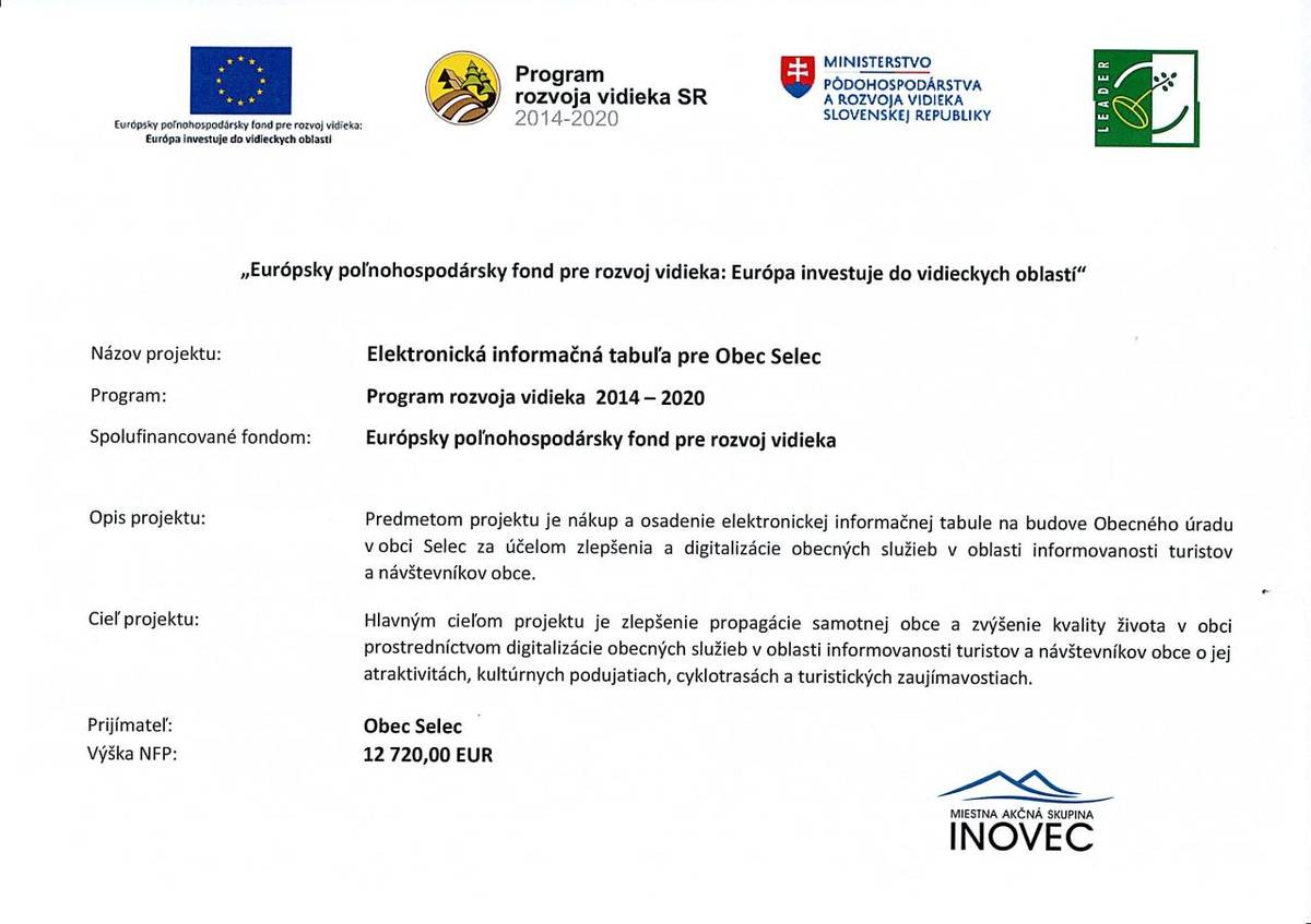 Program: Program rozvoja vidieka 2014 – 2020  Spolufinancované fondom: Európsky poľnohospodársky fond pre rozvoj vidieka