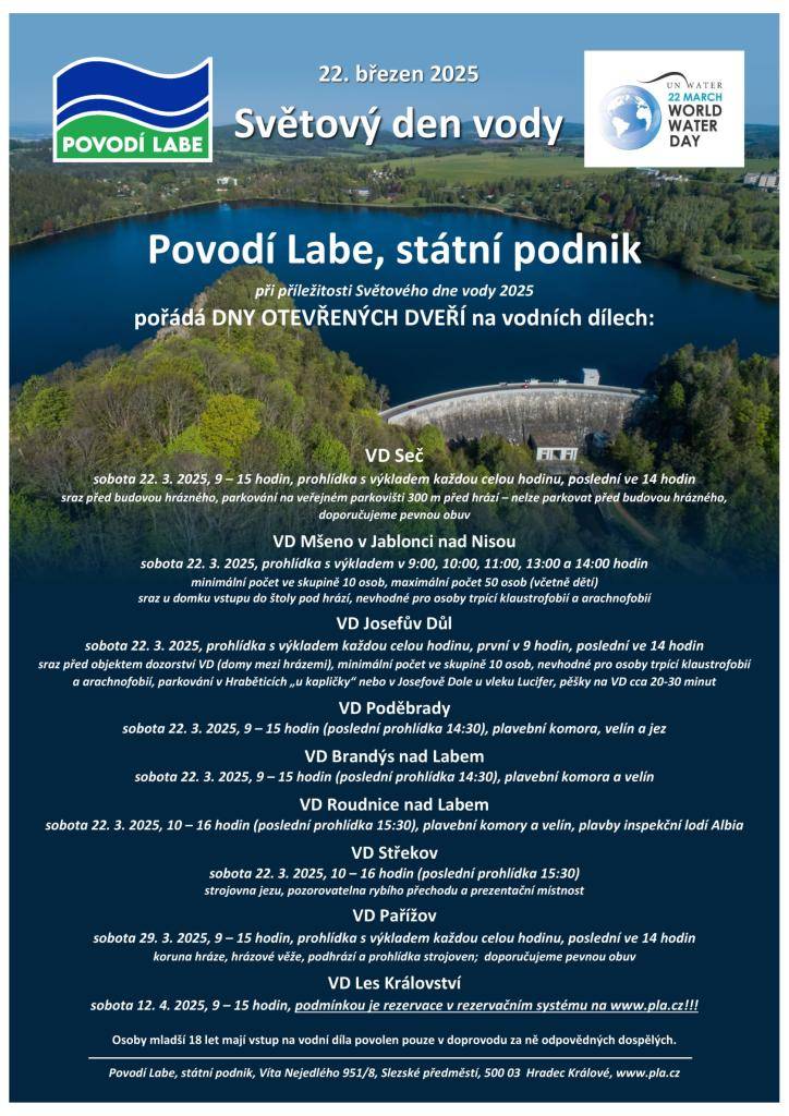 Při příležitosti Světového dny vody 22.3.2025 pořádá Povodí Labe, s.p. DNY OTEVŘENÝCH DVEŘÍ na vodních dílech. V našem okolí se jedná o VD Seč, VD Pařížov či VD Les Království. Více info v letáku.