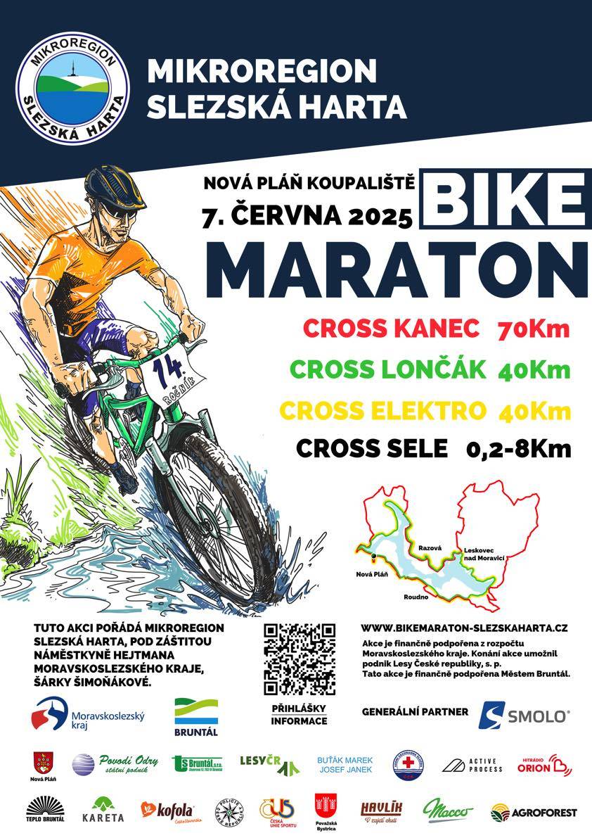 Vážení občané, zvu vás na cyklozávod, který pořádá Mikroregion Slezská Harta dne 7.6.2025 v Nové Pláni.