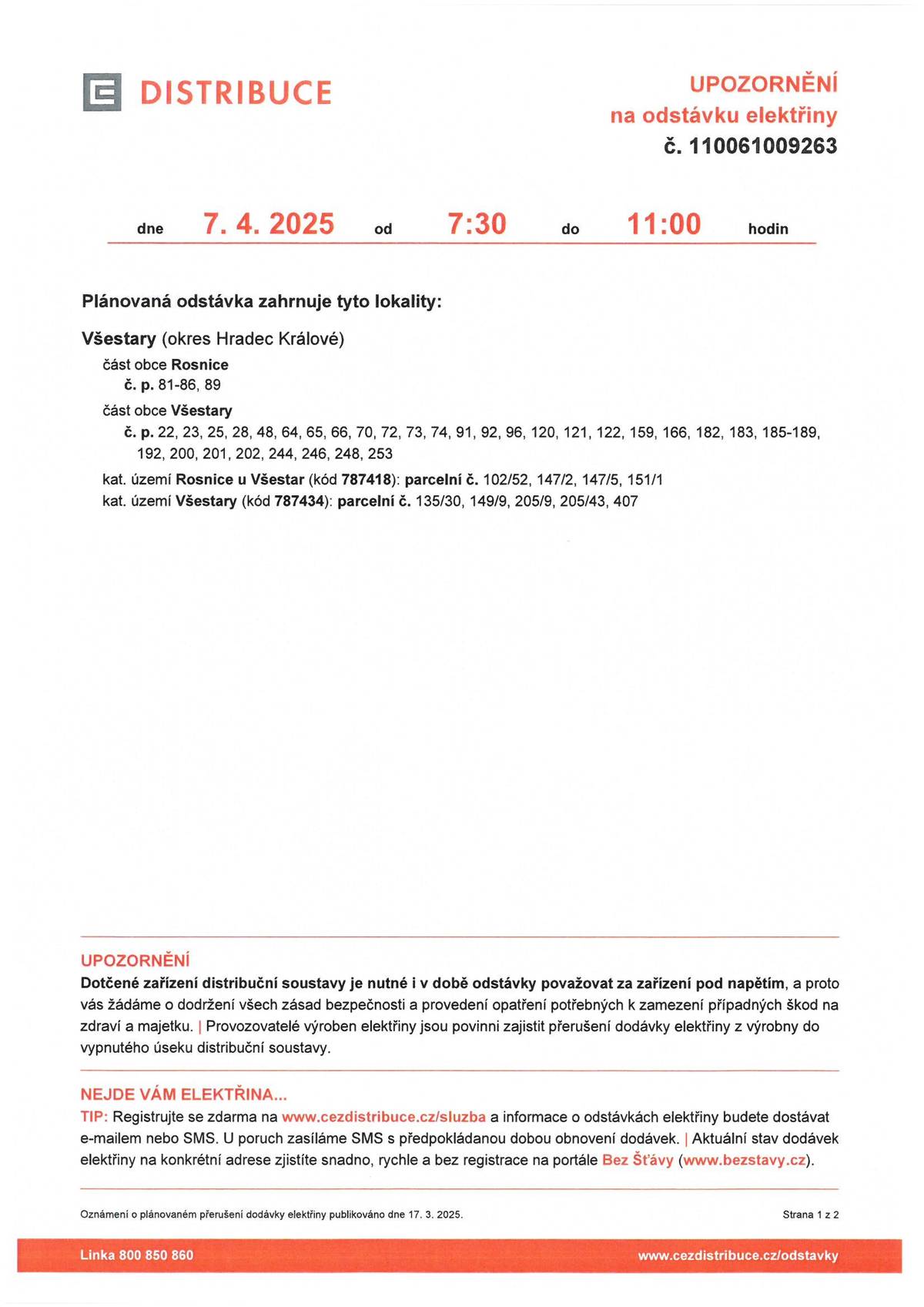 Plánovaná odstávka elektřiny dne 7.4.2025 od 7:30 do 11:00 hodin v obci Všestary a část obce Rosnice.