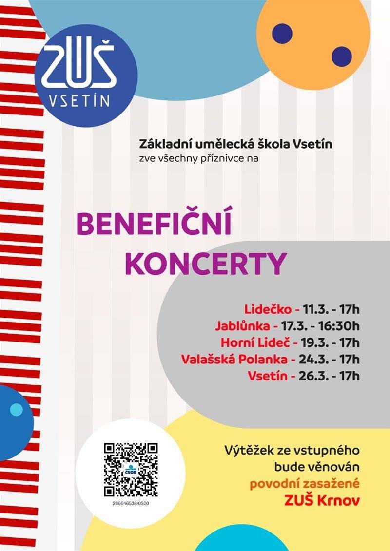 Základní umělecká škola Vsetín zve všechny příznivce na benefiční koncert do Trezoru přírody, a to ve středu 19.3.2025 v 17:00. Výtěžek ze vstupného bude věnován povodní zasažené ZUŠ Krnov.