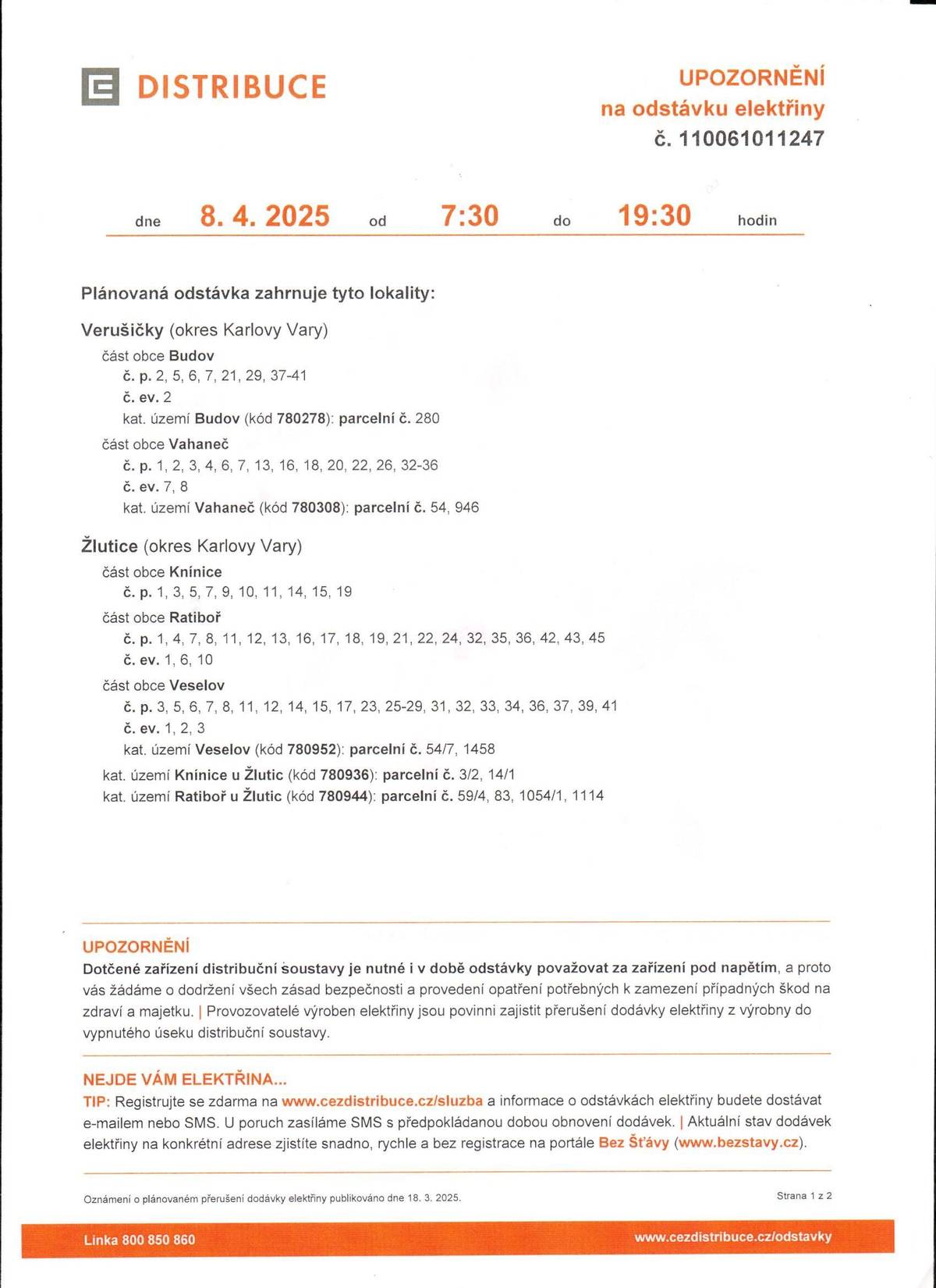 Odstávka elektrické energie 8.4.2025 -  Budov, Vahaneč