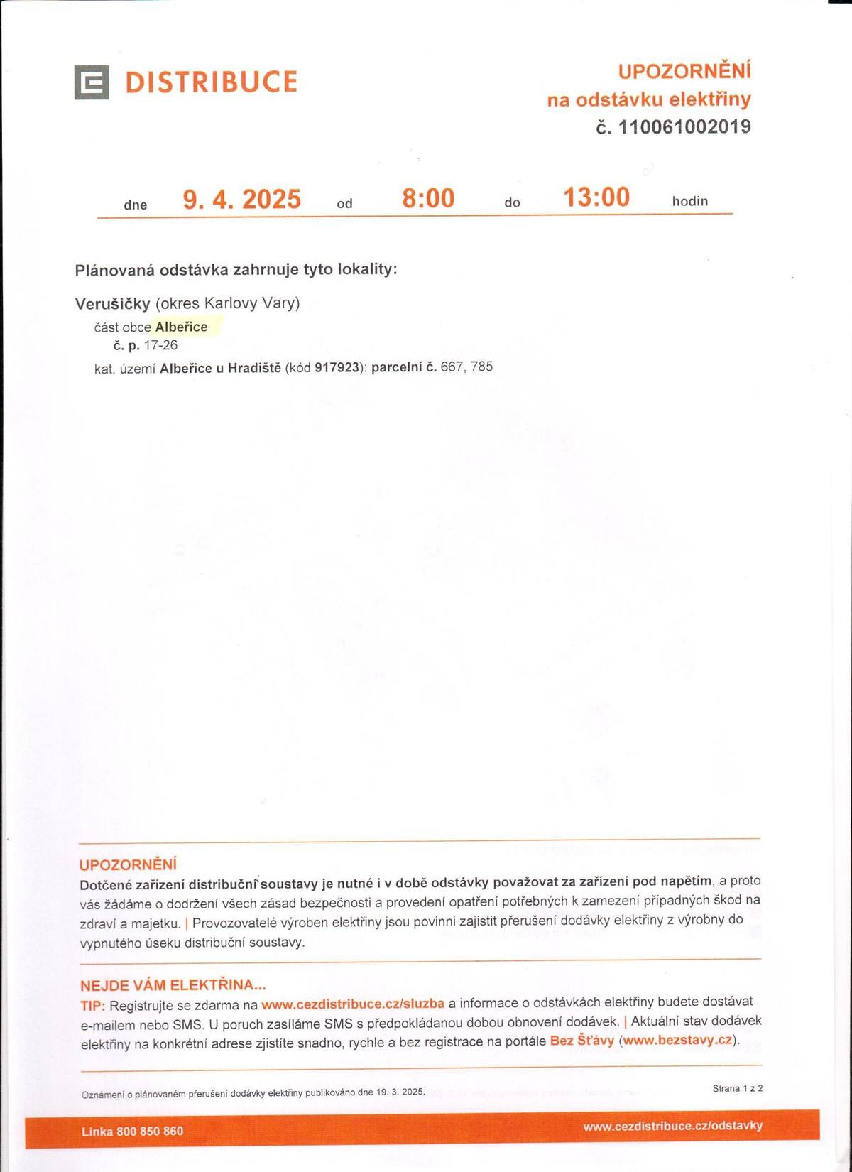 Odstávka elektrické energie Albeřice, 9.4.2025
