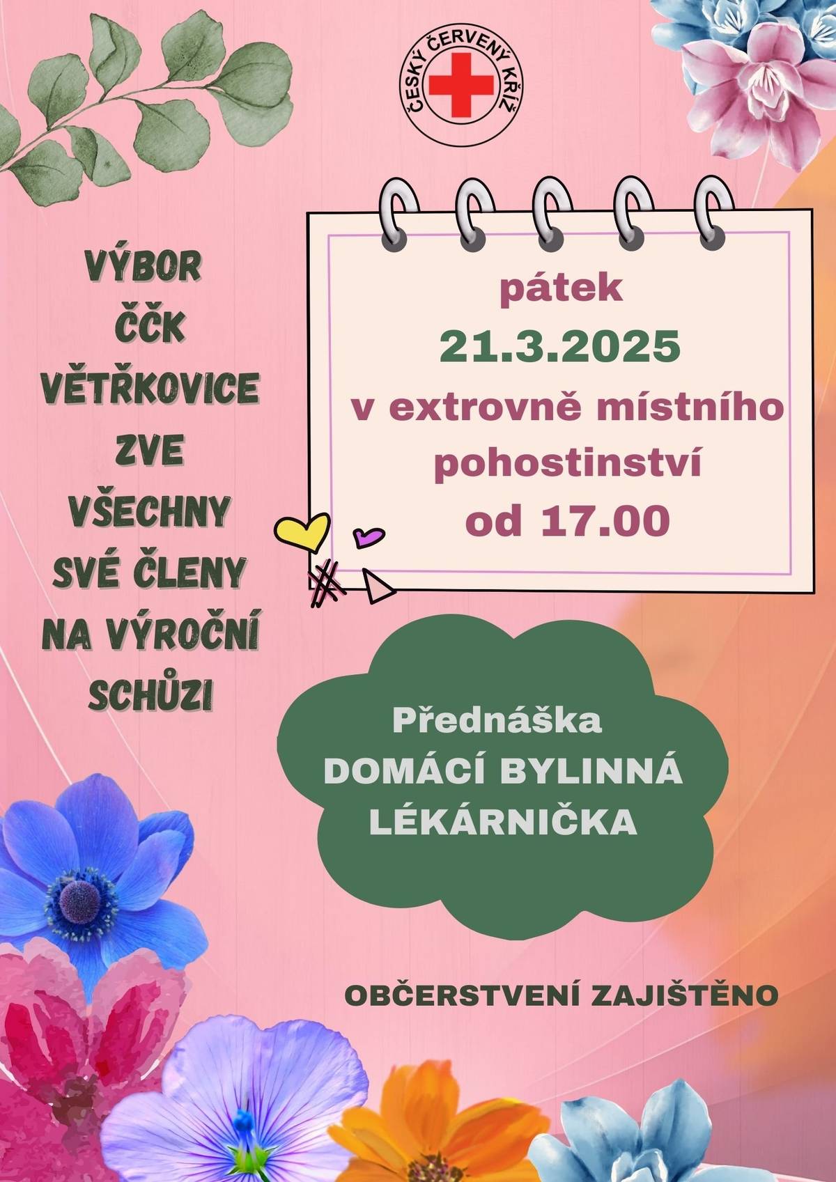 Nikol Drůbež - prodej 21.3. v 12:45-13 h. ČČK - výroční schůze 21.3. v 17 hod. v extrovně pohostinství s přednáškou Domácí bylinná lékárnička. Fotbalový zápas mužů proti Deštné - 23.3. od 15 hod. na hřišti. Před Hasičskou zbrojnicí ve Větřkovicích nalezena zlatá náušnice, bližší info na OÚ.