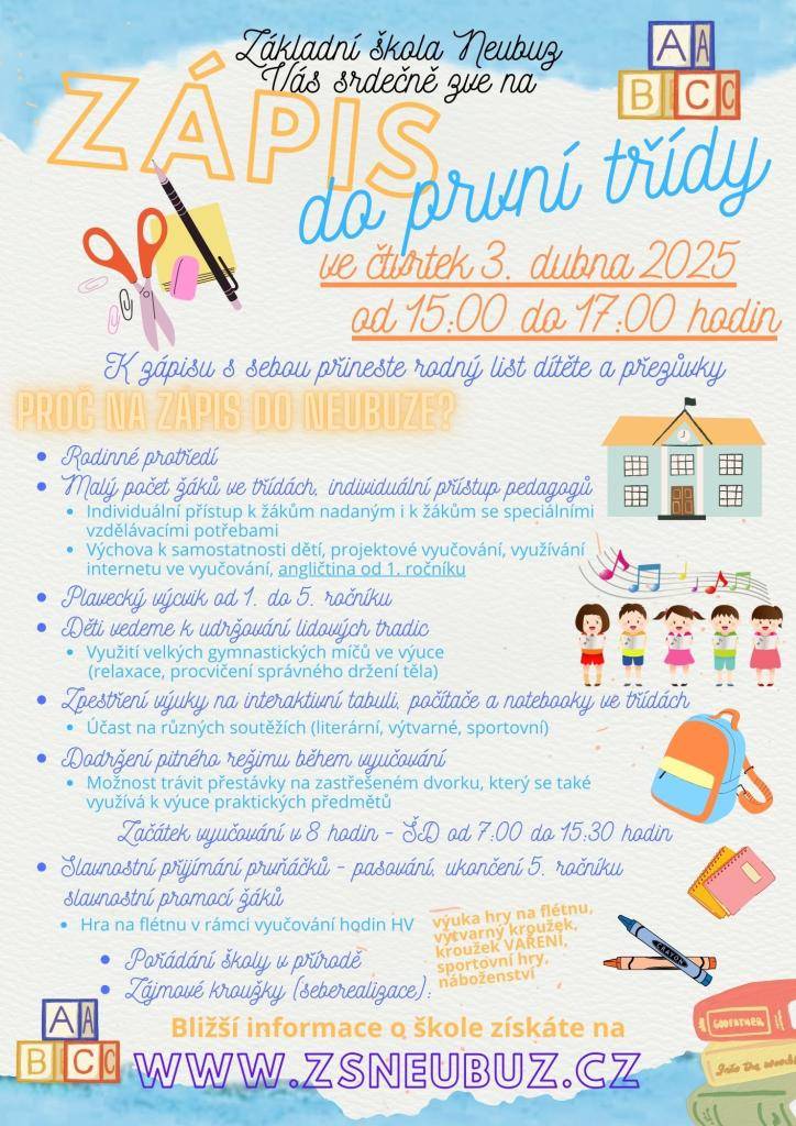 Zápis do 1. třídy proběhne ve čtvrtek 3. dubna 2025 od 15:00 do 17:00 hodin.    Moc se těšíme na nové kamarády!