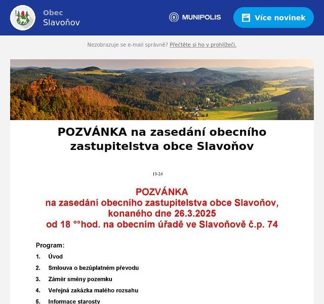 POZVÁNKA na zasedání obecního zastupitelstva obce Slavoňov, konaného dne 26.3.2025 od 18 °°hod. na obecním úřadě ve Slavoňově č.p. 74