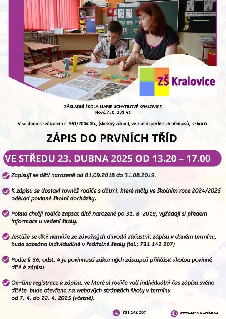 Zápis proběhne ve středu 23. dubna 2025 od 13.20 – 17.00 hod.