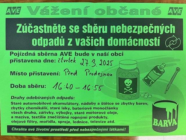 Ve čtvrtek 27.3.2025 od 16:40-16:55 bude před prodejnou potravin  SBĚR NEBEZPEČNÉHO ODPADU. Prosíme o svoz odpadu pouze v době sběru.