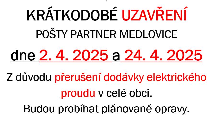 Ve středu dne 2. 4. 2025 a ve čtvrtek dne 24. 4. 2025.  Z důvodu přerušení dodávky elektrického proudu v celé obci.                                                Budou probíhat plánované opravy.
