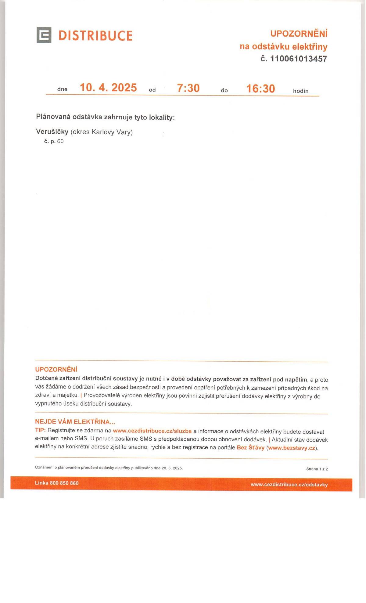 Odstávka elektrické energie - Verušičky č.p. 60, 10.4.2025
