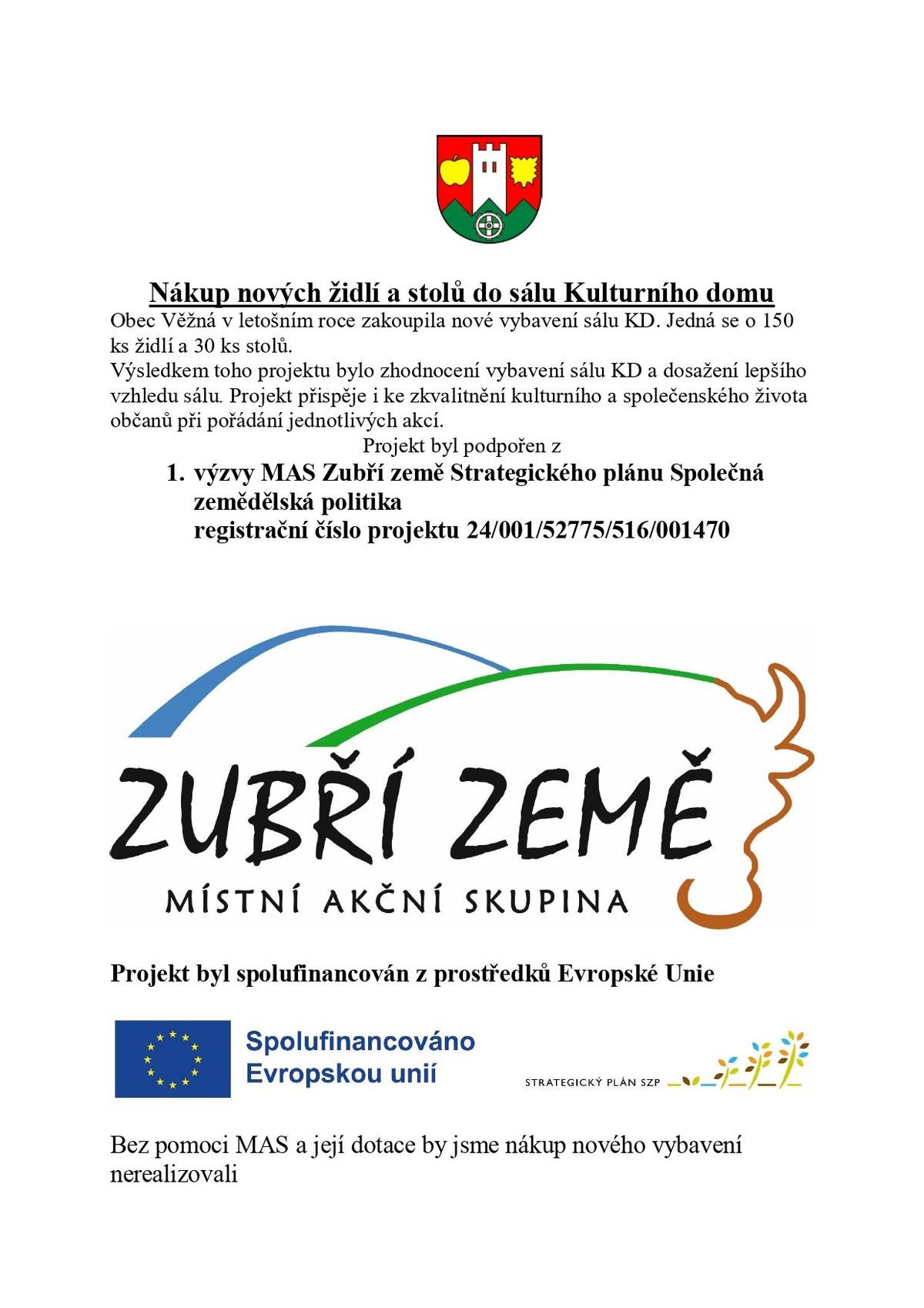 Obec Věžná zakoupila nové vybavení do sálu KD.  Projekt byl podpořen z 1. výzvy MAS Zubří země Strategického plánu Společná zemědělská politika registrační číslo projektu 24/001/52775/516/001470 Bez pomoci MAS a její dotace by jsme nákup nového vybavení nerealizovali.