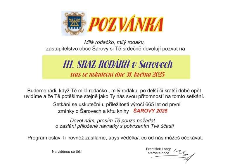Zastupitelstvo obce Vás zve na III. sraz rodáků a křest knihy Šarovy 2025