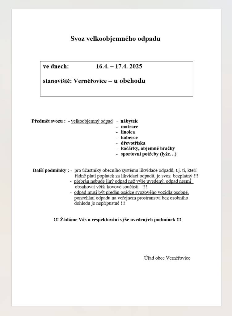 Svoz velkoobjemového odpadu bude ve Vernéřovicích ve dnech 16. a 17. dubna 2025
