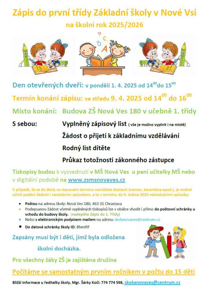 Termín konání zápisu: ve středu 9.4.2025 od 14:00 do 16:00