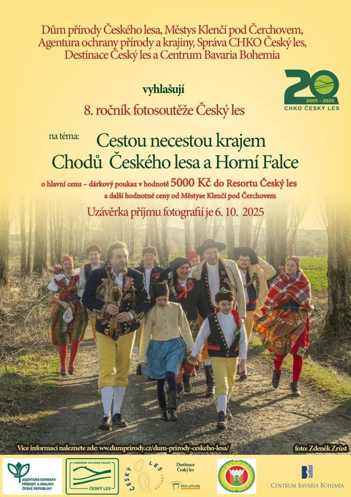 8. ročních fotosoutěže o hodnotné ceny na téma "Cestou necestou krajem Chodů Českého lesa a Horní Falce" pořádá mj. Dům přírody Českého lesa, na jehož stránkách najdete pravidla soutěže. Uzávěrka bude 6. října 2025 a slavnostní vyhlášení proběhne na Staré poště v Klenčí 15. listopadu od 13 hodin.